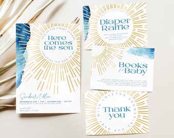 May include: A set of four baby shower cards featuring a blue and gold watercolour sunburst design. The cards include the text "Here comes the son", "Diaper Raffle", "Books for Baby", and "Thank you".
