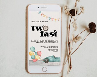 May include: A digital invitation for a birthday party with a blue car and balloons. The text reads "He's growing up two fast. Race on over to celebrate Mario's first birthday. Saturday, 22 September 2023, 14:00 in the afternoon, at Mario's house, 340 Sunny Lane, Sun City."