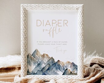 Baby Shower Games Diaper Raffle Sign, Mountain Themed Fun Baby Shower Game PRINTABLE, Custom Adventure Begins Shower Boy Decor Camping, BB21