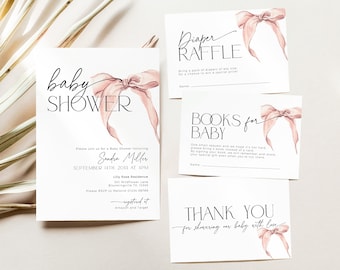 Blush Pink Bow Baby Shower Invitation BUNDLE, Ribbon Mom-to-be Party Invite Girl, Diaper Raffle Ticket, Book Request, Thank You Card, BB58
