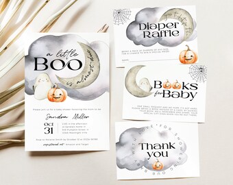 Paquete de invitaciones para baby shower de Halloween, invitación en línea de fantasmas espeluznantes, rifa de pañales de calabaza, libros de elaboración de cerveza para bebés varones, etiquetas de regalo, CH31