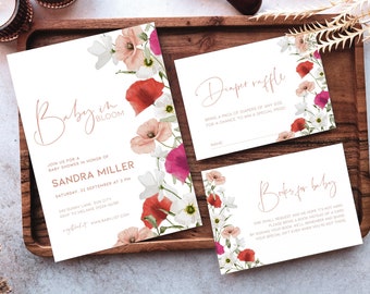 Baby in Bloom Invitation BUNDLE Poppies, Wildflower Baby Shower Invites Bundle, Floral Baby Shower Invitation with Diaper Raffle Ticket BB16