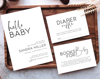 May include: Three white cards with black text. The top card says "DIAPER raffle" and has a line for a name. The middle card says "hello BABY" and has the text "JOIN US FOR A BABY SHOWER IN HONOR OF SANDRA MILLER SATURDAY, 22 SEPTEMBER AT 2 PM 340 SUNNY LANE SUN CITY RSVP TO MELANIE 01234-56789 www.BABYLIST.COM". The bottom card says "BOOKS FOR Baby" and has the text "ONE SMALL REQUEST AND WE HOPE IT'S NOT HARD PLEASE BRING A BOOK INSTEAD OF A CARD BY SIGNING YOUR BOOK WE'LL REMEMBER AND SHARE YOUR SPECIAL GIFT EVEN WHEN YOU'RE NOT THERE".