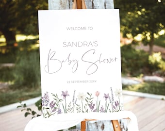 Lilac Flower Shower Welcome Sign DIGITAL DOWNLOAD, Violet Wildflower Signage PRINTABLE, Purple Lavender Baby in Bloom Banner Girl, BB19