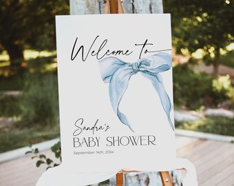 Dusty Blue Bow Baby Shower Welcome Sign, Boy Ribbon Signage PRINTABLE, Coquette Mom-to-be Party Banner, Bridal Poster Download, BB59