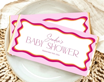 Wavy Border Baby Shower Chocolate Wrapper Template, Pink Fuchsia Candy Bar Label Custom, Mini Choco Thank You Girl Baby Welcome Party, BS36