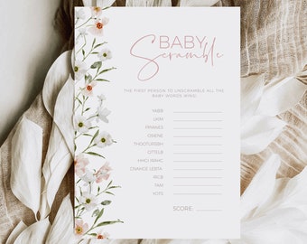 Wildflower Word Scramble Shower Game Trivia Template, Baby in Bloom Activity Printable, Floral Blush Pink April Showers Card Girl, BB13