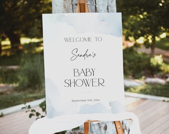 On Cloud Nine Baby Shower Welcome Sign, Dusty Blue Gender Reveal Signage PRINTABLE, Boy Party Banner, Modern Watercolor Poster Download BB37