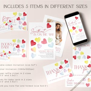 May include: A set of five printable baby shower items featuring watercolor hearts in shades of pink, yellow, blue, and green. The items include a double-sided invitation, a digital invitation, a diaper raffle ticket, a book for baby card, and a thank you note.