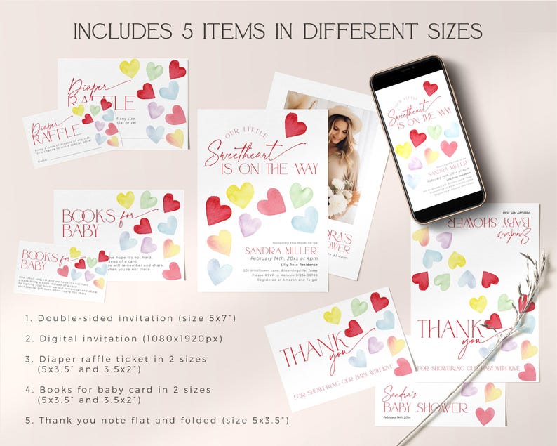 May include: A set of five printable baby shower items featuring watercolor hearts in shades of pink, yellow, blue, and green. The items include a double-sided invitation, a digital invitation, a diaper raffle ticket, a book for baby card, and a thank you note.