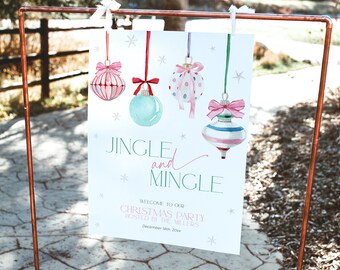 Könnte beinhalten: Ein weißes Schild mit einem Weihnachtsmotiv. Es steht "Jingle and Mingle" mit einem roten und grünen Band und Kugeln. Das Schild sagt auch "Willkommen zu unserer Weihnachtsfeier Ausgerichtet von den Millers 18. Dezember 20xx".