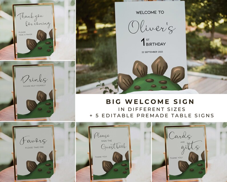 Puede incluir: Conjunto de seis carteles de fiesta imprimibles con tem&aacute;tica de dinosaurios para un primer cumplea&ntilde;os. Los carteles incluyen un cartel de bienvenida, un cartel de bebidas, un cartel de favores, un cartel de libro de visitas y un cartel de tarjetas y regalos. Los carteles presentan un dinosaurio verde con p&uacute;as marrones y un fondo blanco.