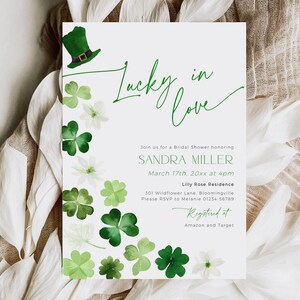 Lucky in love bridal shower invitation template for St Patricks Day with green shamrock