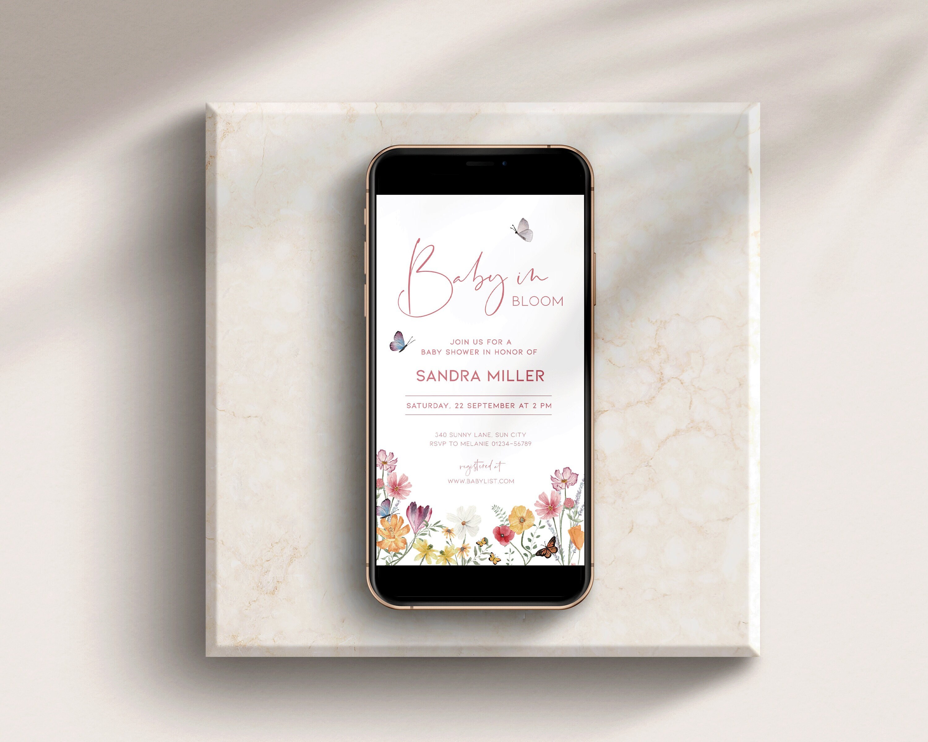 Baby in Bloom Shower Text Invitation, Flower Meadow Butterfly ...