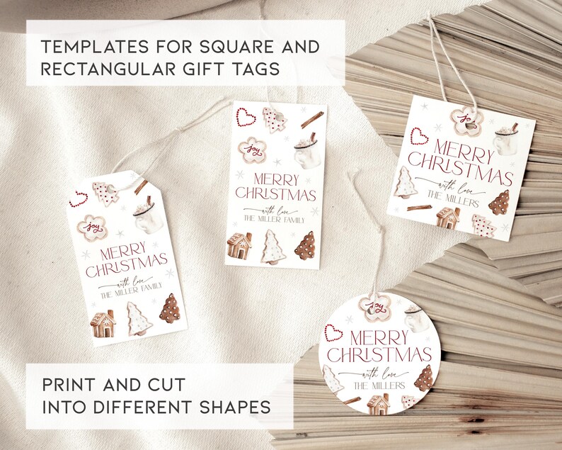 Puede incluir: Etiquetas de regalo de Navidad imprimibles con un dise&ntilde;o de acuarela que presenta casas de jengibre, galletas y un &aacute;rbol de Navidad. Las etiquetas est&aacute;n decoradas con el texto "Feliz Navidad" y "con amor" e incluyen espacio para agregar un nombre.