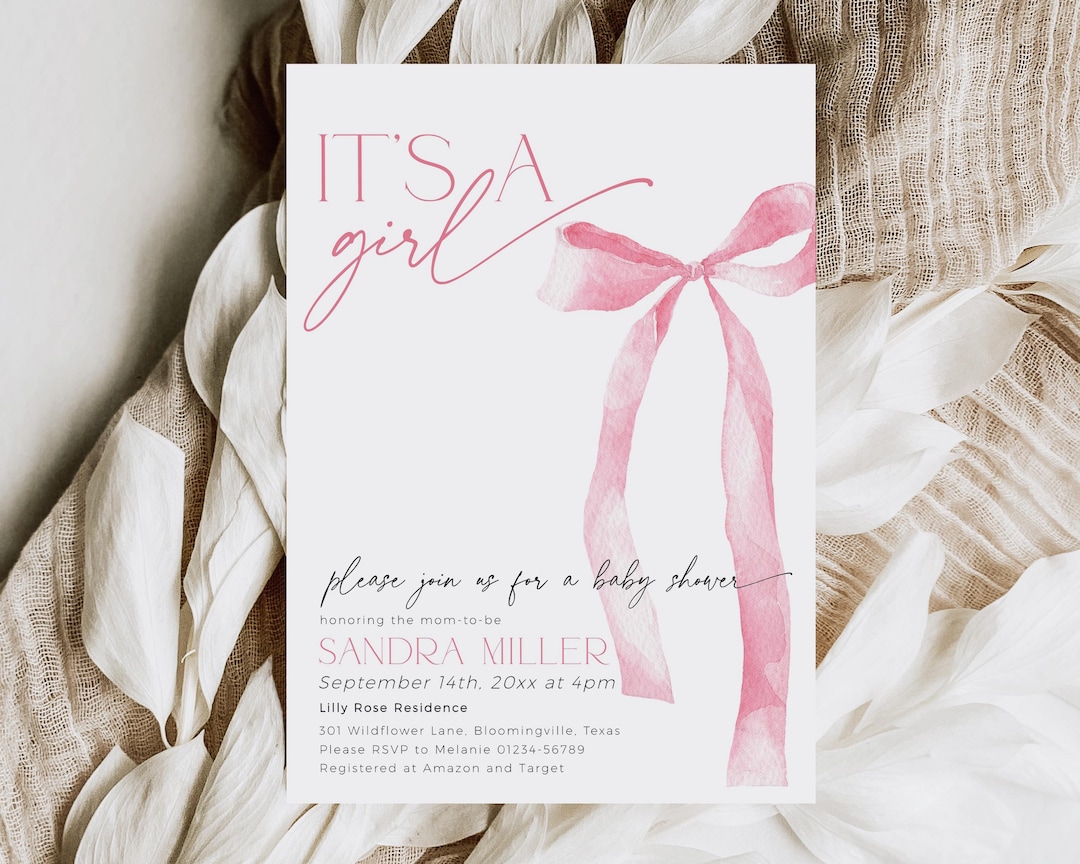Pink Bow Baby Shower Invitation Girl Template, Printable Coquette ...