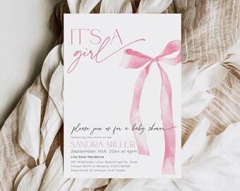 Pink Bow Baby Shower Invitation Girl Template, Printable Coquette Ribbon Mom-to-be Party Invite, Editable Modern Girl Newborn Sprinkle, BB88