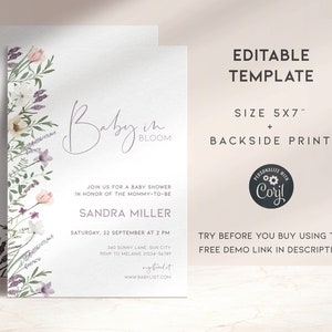 May include: A printable baby shower invitation template with a floral design. The text reads "Baby in Bloom" and includes the name Sandra Miller, the date and time of the shower, and the RSVP information. The template is 5x7 inches and includes a backside print.