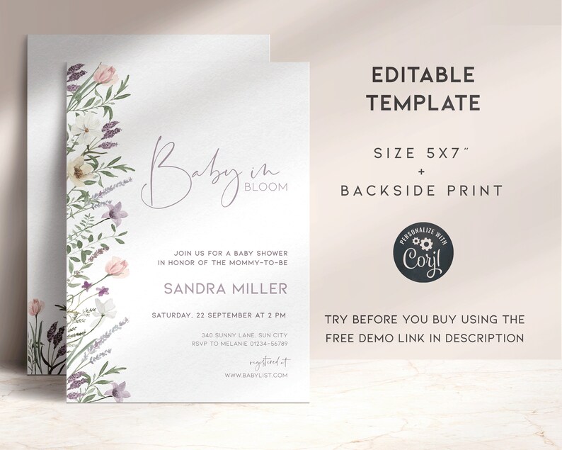 May include: A printable baby shower invitation template with a floral design. The text reads "Baby in Bloom" and includes the name Sandra Miller, the date and time of the shower, and the RSVP information. The template is 5x7 inches and includes a backside print.