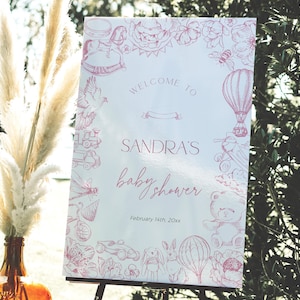 Heißluftballon Pink Toile Babyparty Willkommensschild Vorlage, Blumen Chinoiserie Signage DRUCKBAR, bearbeitbarer Kindergarten Jouy Banner Girl, BB93
