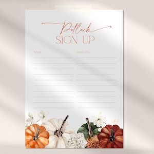 May include: A Potluck Sign Up sheet with a fall theme. The top of the sheet has the words "Potluck Sign Up" in a copper script font. The bottom of the sheet has watercolor pumpkins and flowers in shades of orange, white, and brown.