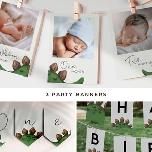 Puede incluir: Tres tarjetas imprimibles con fotos de un beb&eacute; y un dise&ntilde;o de dinosaurio. Las tarjetas dicen "Reci&eacute;n nacido Timmy", "Un mes" y "Dos meses". Tambi&eacute;n hay tres pancartas de fiesta con un dise&ntilde;o de dinosaurio que dicen "Feliz cumplea&ntilde;os".