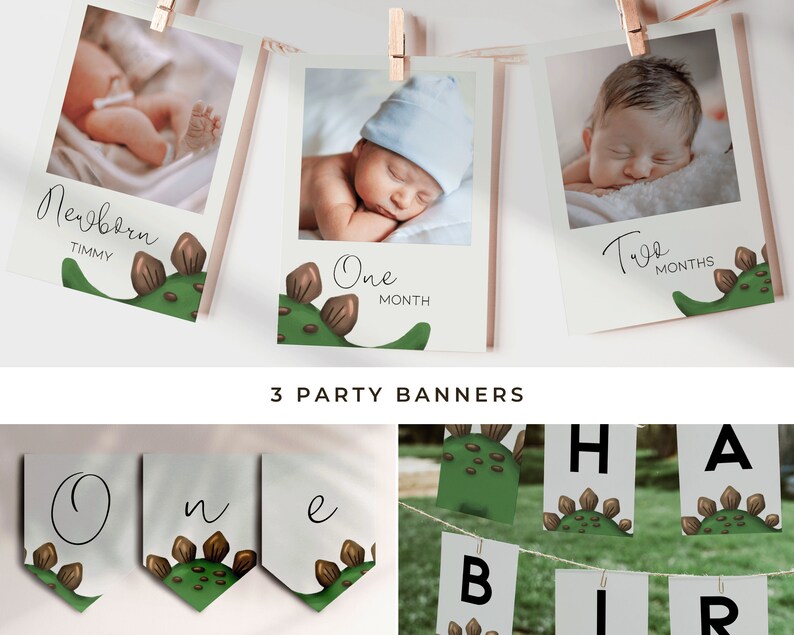 Puede incluir: Tres tarjetas imprimibles con fotos de un beb&eacute; y un dise&ntilde;o de dinosaurio. Las tarjetas dicen "Reci&eacute;n nacido Timmy", "Un mes" y "Dos meses". Tambi&eacute;n hay tres pancartas de fiesta con un dise&ntilde;o de dinosaurio que dicen "Feliz cumplea&ntilde;os".