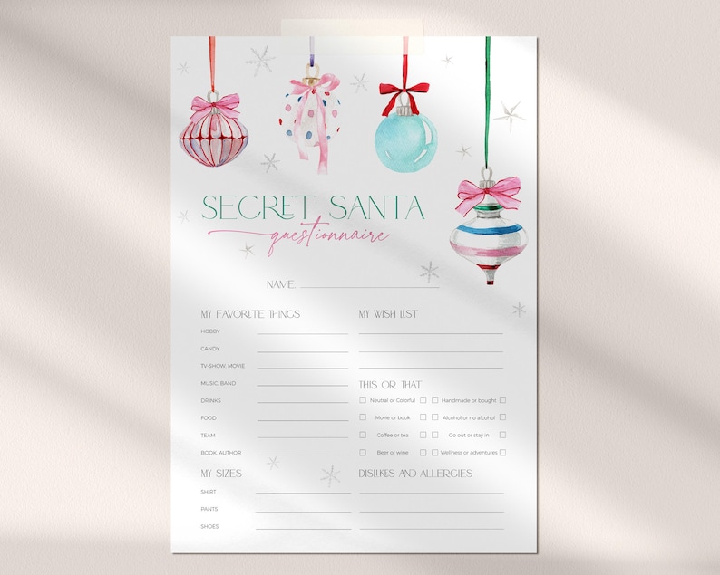 Pink Ornament Secret Sister Survey, Christmas Bow Santa Party Gift Exchange Sheet, Holiday Wish List Form, Favorite Thing Questionnaire CH79 image 1
