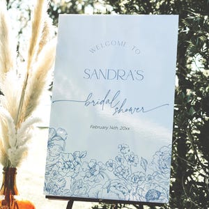 Blue Toile de Jouy Welcome Sign Bridal Shower, French Floral Wedding Signage, Dusty Chinoiserie Poster, Wildflower Tea Party Banner, BS94