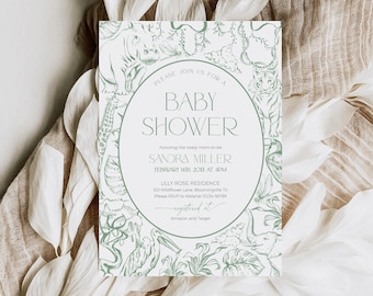 Op de afbeelding: Een uitnodiging voor een babyshower met een junglethema. De uitnodiging heeft een cirkelvormig ontwerp met de woorden "Baby Shower" in het midden. De uitnodiging bevat de tekst "Please join us for a" en de naam "Sandra Miller". De uitnodiging is versierd met illustraties van dieren en bladeren.