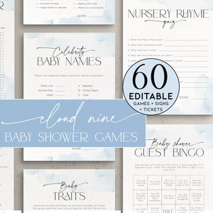 Cloud Nine Baby Shower Game Bundle PRINTABLE, Activity Pack Blue Cloud 9, He or She, Neutral Nursery Rhyme Song, About Parents, Bingo, BB37