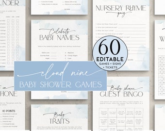 Cloud Nine Baby Shower Game Bundle PRINTABLE, Activity Pack Blue Cloud 9, He or She, Neutral Nursery Rhyme Song, About Parents, Bingo, BB37
