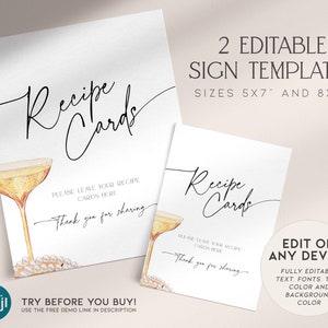 May include: Two printable recipe card sign templates with a champagne glass and pearl accents. The text reads "Recipe Cards" and "Please leave your recipe cards here. Thank you for sharing". The templates are available in 5x7 inch and 8x10 inch sizes.