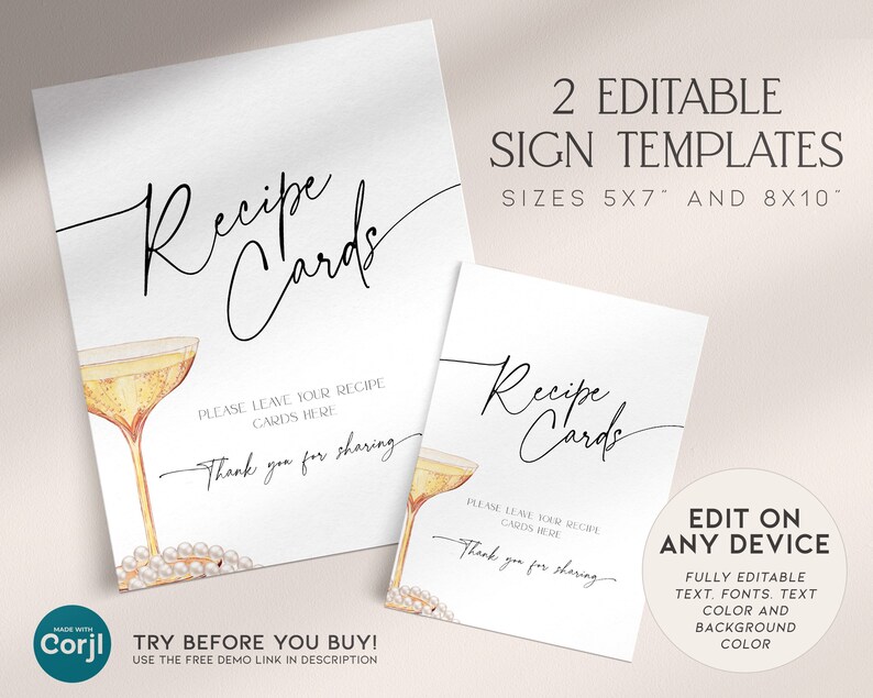 May include: Two printable recipe card sign templates with a champagne glass and pearl accents. The text reads "Recipe Cards" and "Please leave your recipe cards here. Thank you for sharing". The templates are available in 5x7 inch and 8x10 inch sizes.