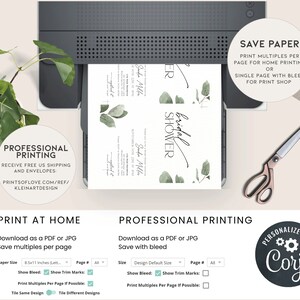May include: A printable invitation for a bridal shower featuring a watercolour design of green leaves and the text "bridal shower". The invitation is displayed on a computer screen with options for printing at home or professionally.