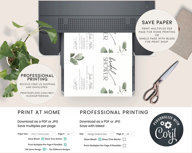 May include: A printable invitation for a bridal shower featuring a watercolour design of green leaves and the text "bridal shower". The invitation is displayed on a computer screen with options for printing at home or professionally.