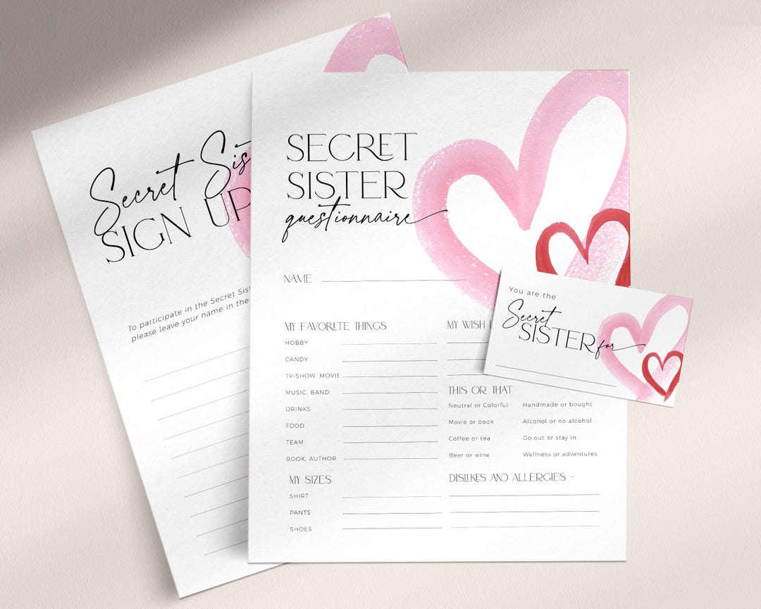 Pink Heart Secret Sister Questionnaire, Editable Valentine Pal Gift ...