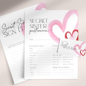 Rosa Herz geheime Schwester Fragebogen, bearbeitbare Valentine Pal Geschenkbörsenbefragung, Kennenlernen Wunschliste, Lieblingsfragen CH82