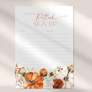 Op de afbeelding: Een witte Potluck Sign Up-pagina met oranje tekst en een bloemenrand met pompoenen, rozen en bessen. De aanmeldpagina heeft ruimte voor namen en wat mensen meebrengen.