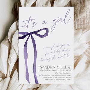 Purple Bow Baby Shower Invitation Girl Template, Printable Coquette Ribbon Mom-to-be Party Invite, Editable Modern Newborn Sprinkle, BB102