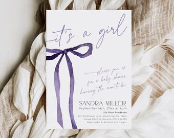 Purple Bow Baby Shower Invitation Girl Template, Printable Coquette Ribbon Mom-to-be Party Invite, Editable Modern Newborn Sprinkle, BB102