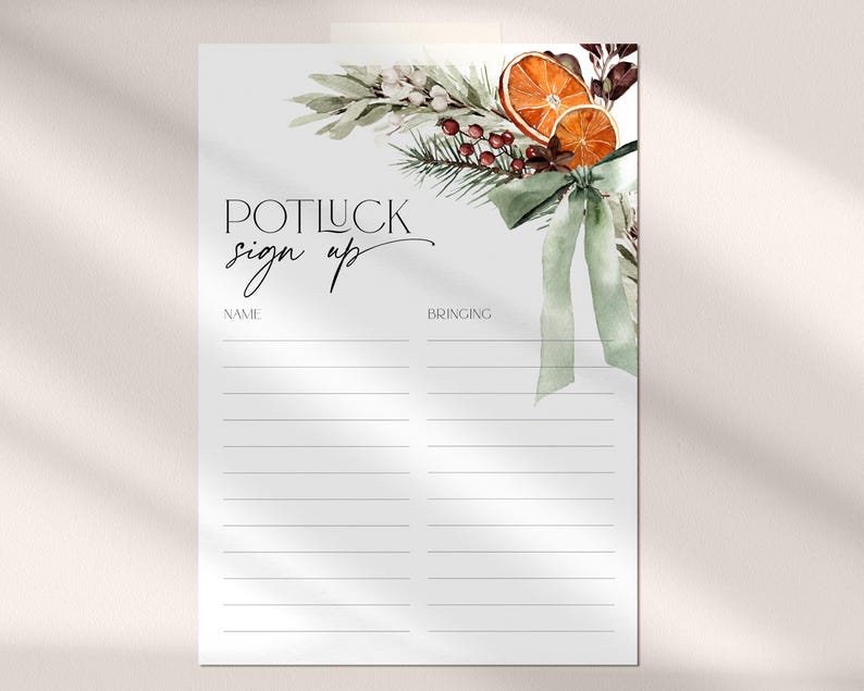 Puede incluir: Una hoja de papel imprimible para registrarse en un potluck con una ilustraci&oacute;n de acuarela de naranjas, vegetaci&oacute;n y una cinta verde. El texto "Potluck Sign Up" est&aacute; escrito en letra cursiva negra. La hoja de registro tiene dos columnas etiquetadas como "Name" y "Bringing".