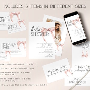 May include: A set of five printable baby shower items, including a double-sided invitation, a digital invitation, a diaper raffle ticket, a "Books for Baby" card, and a thank you note. The items feature a watercolor illustration of a pink bow and the text "Baby Shower".