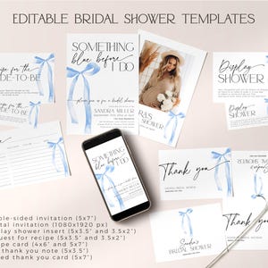 May include: A set of printable bridal shower templates featuring a blue watercolor ribbon design. The templates include invitations, recipe cards, thank you cards, and a display shower insert. The text "Something Blue Before I Do" is featured on the invitation.