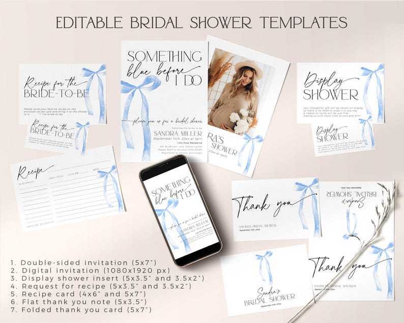 May include: A set of printable bridal shower templates featuring a blue watercolor ribbon design. The templates include invitations, recipe cards, thank you cards, and a display shower insert. The text "Something Blue Before I Do" is featured on the invitation.