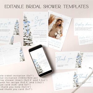 May include: A set of printable bridal shower templates featuring a winter wonderland theme with a blue and white color scheme. The templates include a double-sided invitation, a digital invitation, a display shower insert, a request for recipe card, a recipe card, a flat thank you note, and a folded thank you card.