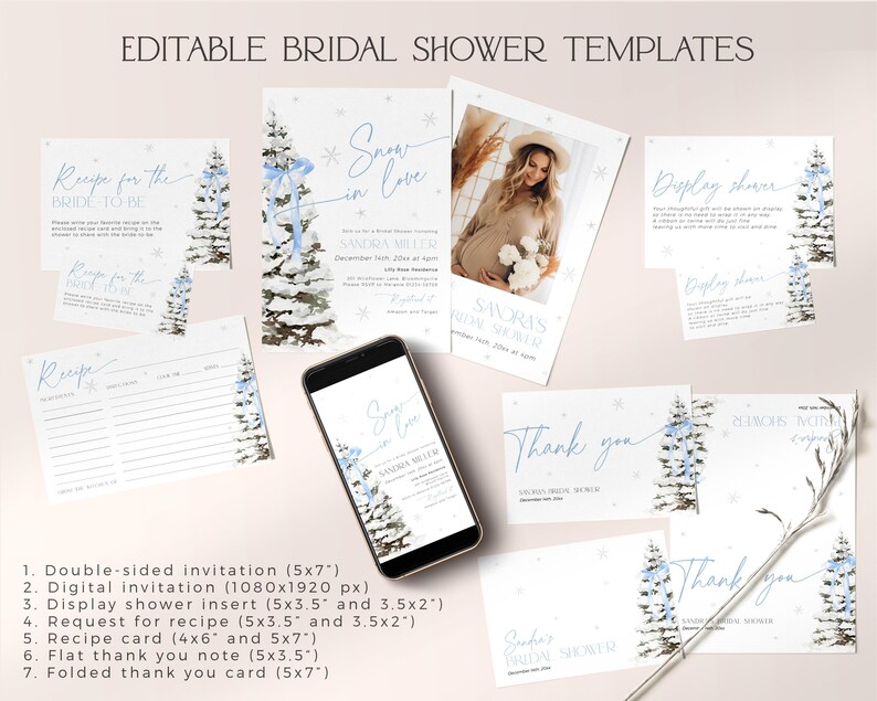 May include: A set of printable bridal shower templates featuring a winter wonderland theme with a blue and white color scheme. The templates include a double-sided invitation, a digital invitation, a display shower insert, a request for recipe card, a recipe card, a flat thank you note, and a folded thank you card.