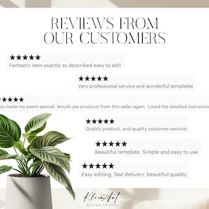 Puede incluir: Un fondo blanco con el texto "REVIEWS FROM OUR CUSTOMERS" en negro. Se muestran cinco rese&ntilde;as de clientes con calificaciones de cinco estrellas y comentarios positivos. Las rese&ntilde;as destacan la calidad de los productos, el servicio al cliente y la facilidad de uso. El texto "Klein Art DESIGN STUDIO" est&aacute; en la parte inferior de la imagen.