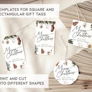 K&ouml;nnte beinhalten: Weihnachtliche Geschenkanh&auml;nger in verschiedenen Formen. Die wei&szlig;en Anh&auml;nger tragen den Schriftzug "Merry Christmas" in Schreibschrift sowie festliche Illustrationen. Der Text "With love, The Miller Family" ist ebenfalls vorhanden. Der Text "Vorlagen f&uuml;r quadratische und rechteckige Geschenkanh&auml;nger" ist auch vorhanden.