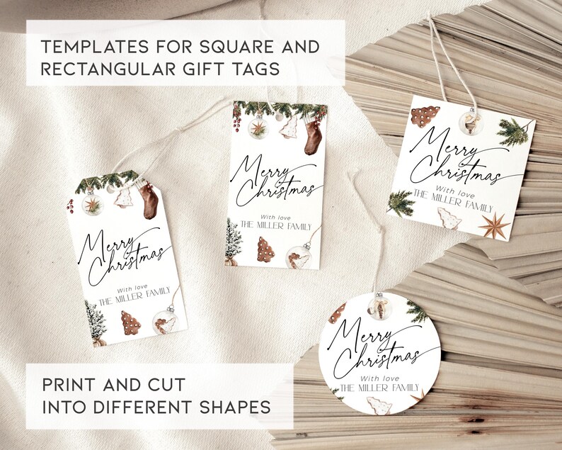 K&ouml;nnte beinhalten: Weihnachtliche Geschenkanh&auml;nger in verschiedenen Formen. Die wei&szlig;en Anh&auml;nger tragen den Schriftzug "Merry Christmas" in Schreibschrift sowie festliche Illustrationen. Der Text "With love, The Miller Family" ist ebenfalls vorhanden. Der Text "Vorlagen f&uuml;r quadratische und rechteckige Geschenkanh&auml;nger" ist auch vorhanden.